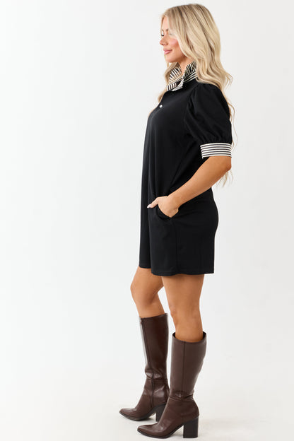 Entro Black Pullover Knit Puff Sleeve Short Dress