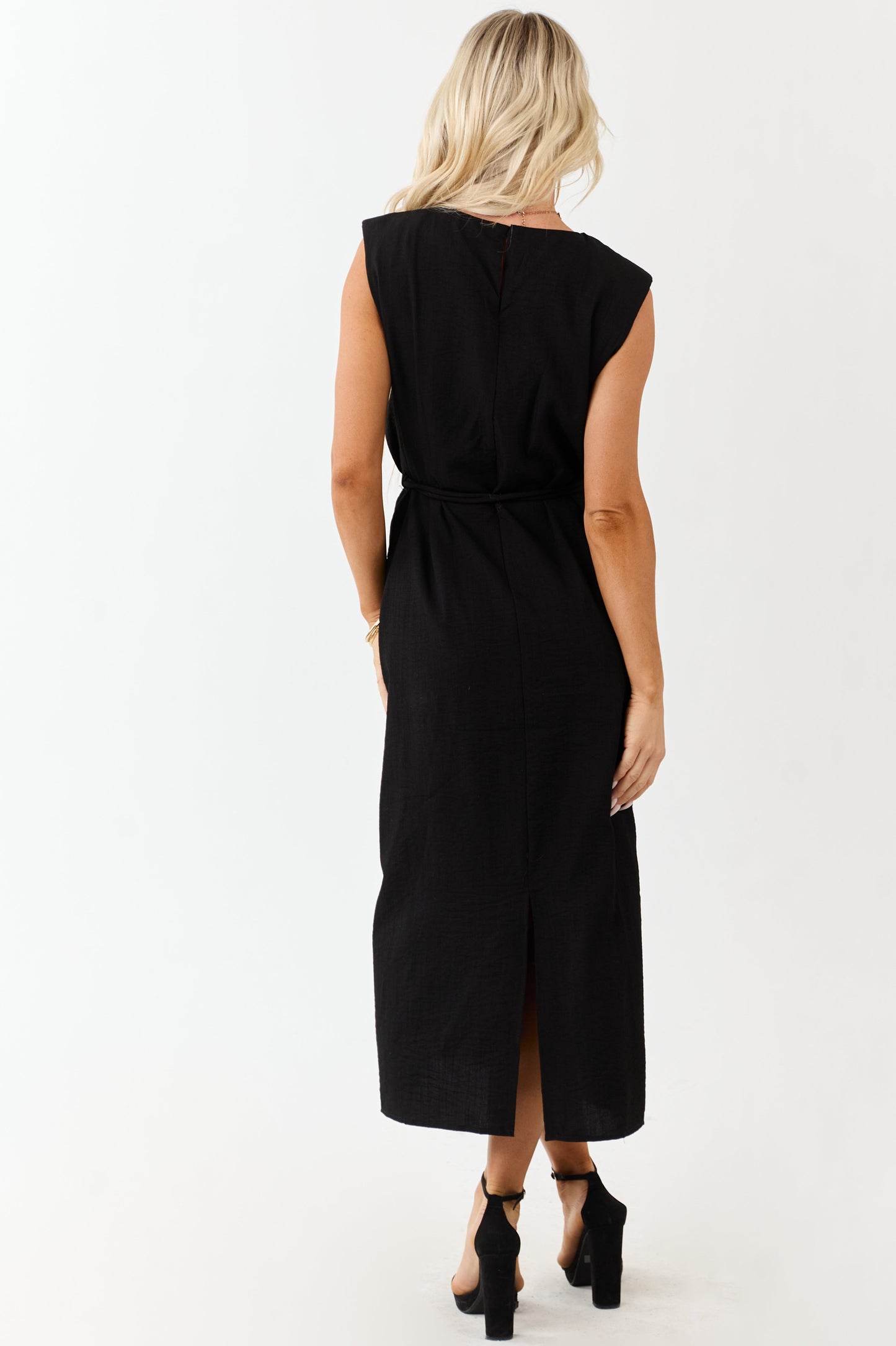 Entro Black Sleeveless Belt Tie Midi Dress