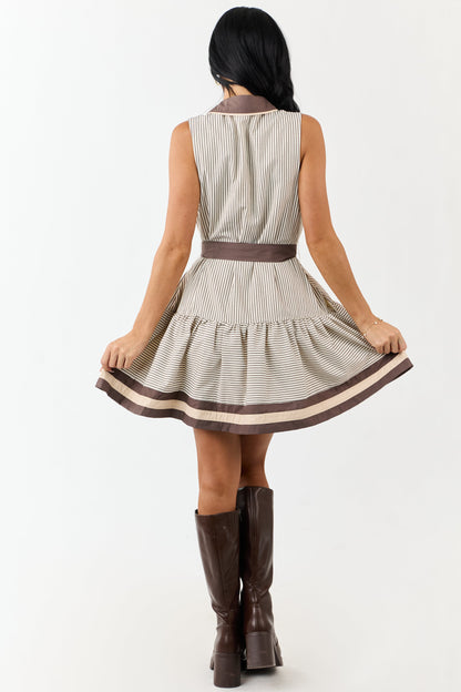 Entro Ivory Striped Button Down Waist Tie Mini Dress
