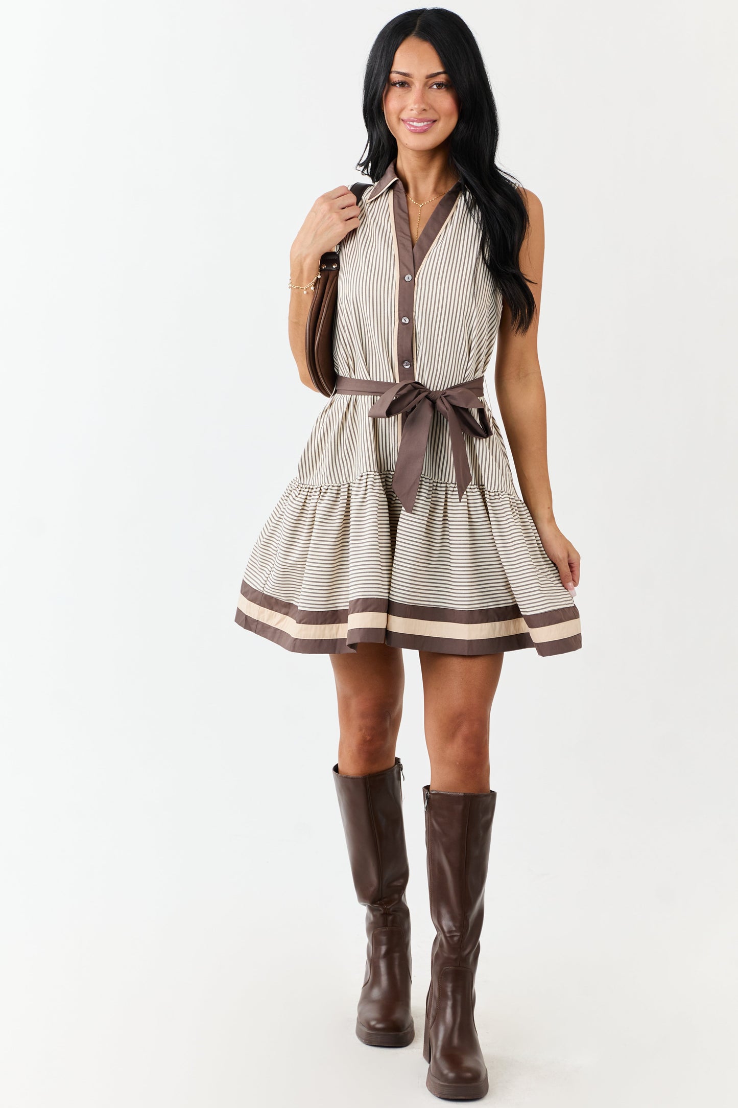 Entro Ivory Striped Button Down Waist Tie Mini Dress