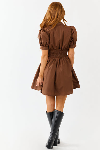 Entro Sepia Puff Sleeve Zip Up Smocked Mini Dress