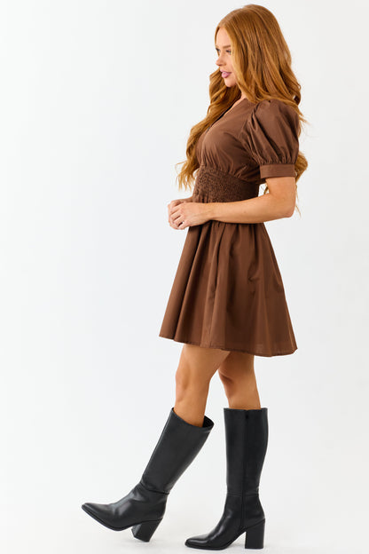 Entro Sepia Puff Sleeve Zip Up Smocked Mini Dress
