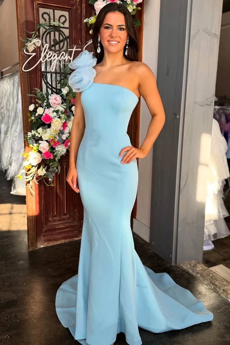 Floral One Shoulder Satin Mermaid Empire Party Prom Dress