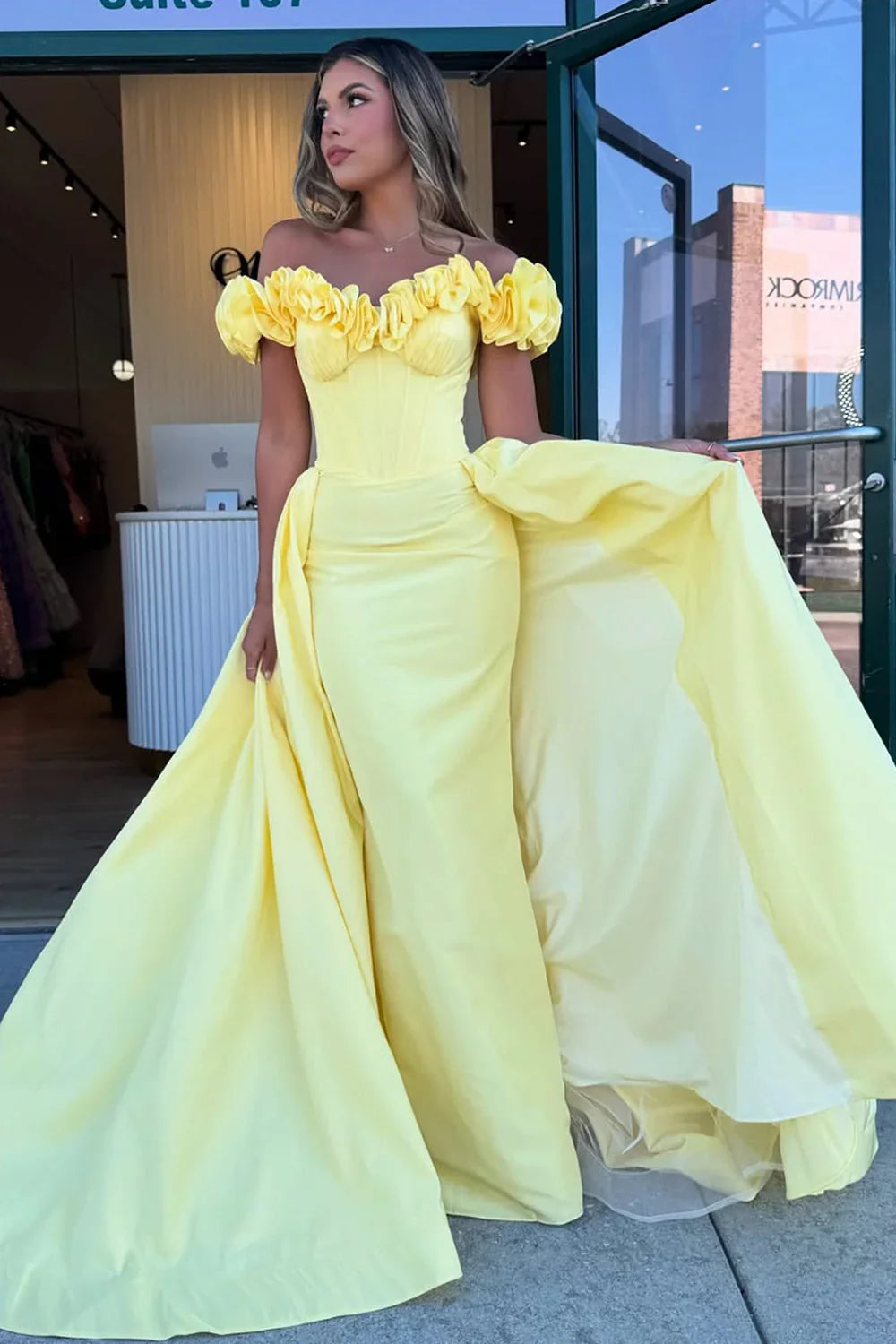 Florals Off-Shoulder Empire Party Prom Dress With Train