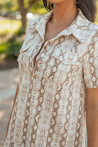 Flying Tomato Ivory Snakeskin Print Denim Mini Dress