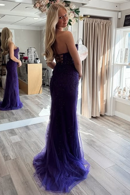 Grape Sweetheart Strapless Mermaid Lace Appliques Prom Dress