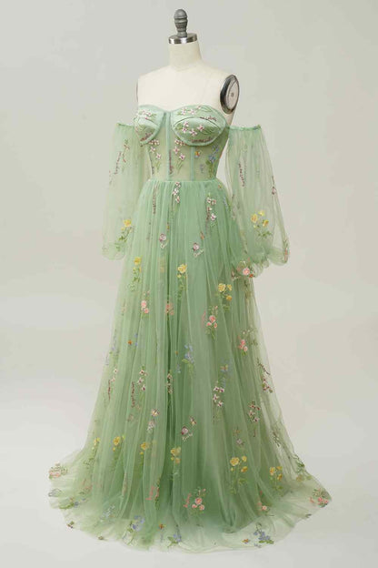 Dusty Sage A-line Off-Shoulder Long Sleeves Tulle Applique Long Prom Dress