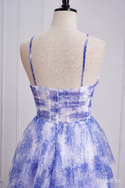 Halter Blue Floral Print Ruffle A-Line Prom Dress