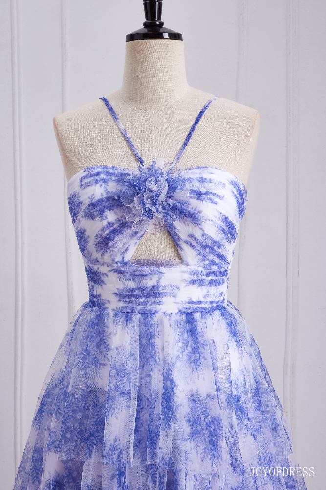 Halter Blue Floral Print Ruffle A-Line Prom Dress
