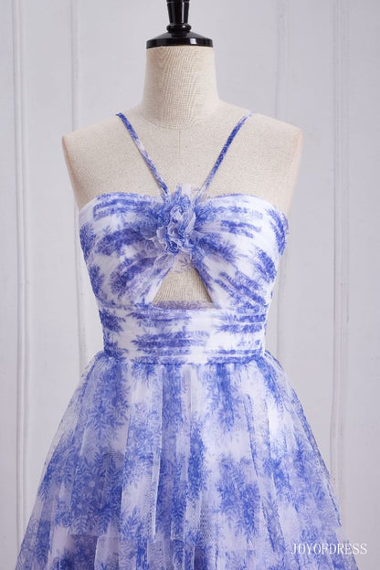Halter Blue Floral Print Ruffle A-Line Prom Dress