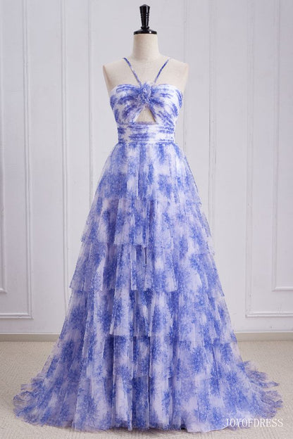 Halter Blue Floral Print Ruffle A-Line Prom Dress