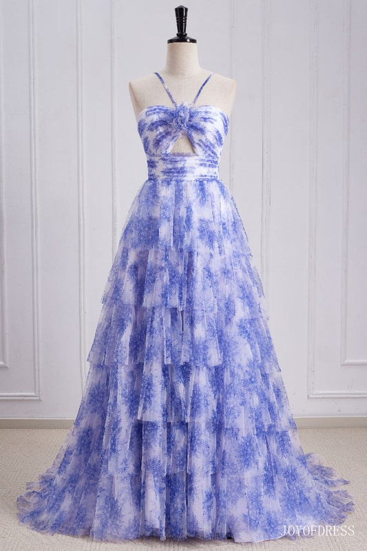 Halter Blue Floral Print Ruffle A-Line Prom Dress