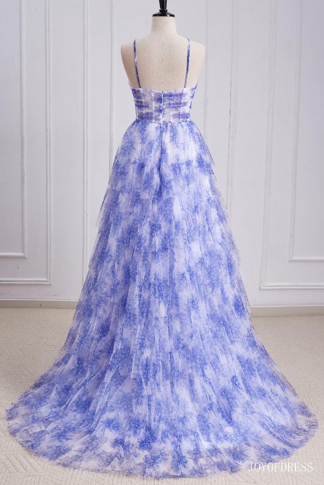 Halter Blue Floral Print Ruffle A-Line Prom Dress