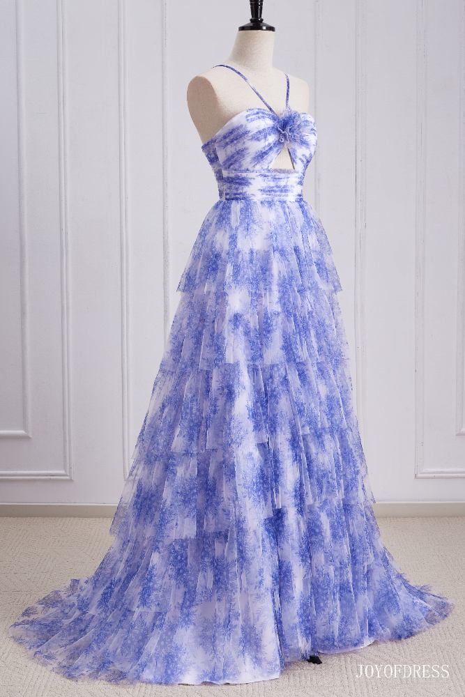 Halter Blue Floral Print Ruffle A-Line Prom Dress
