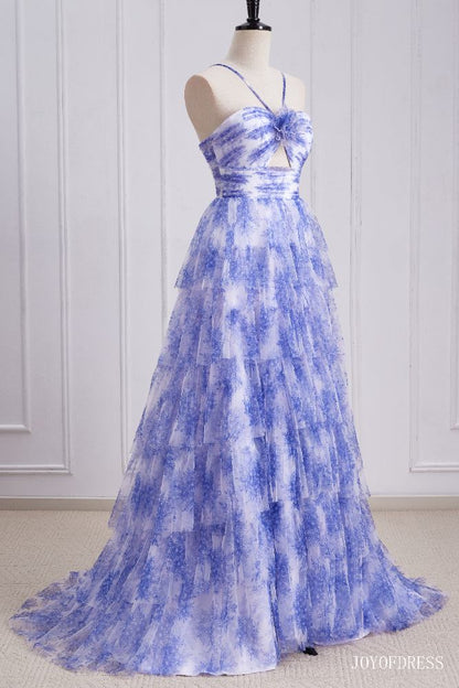 Halter Blue Floral Print Ruffle A-Line Prom Dress