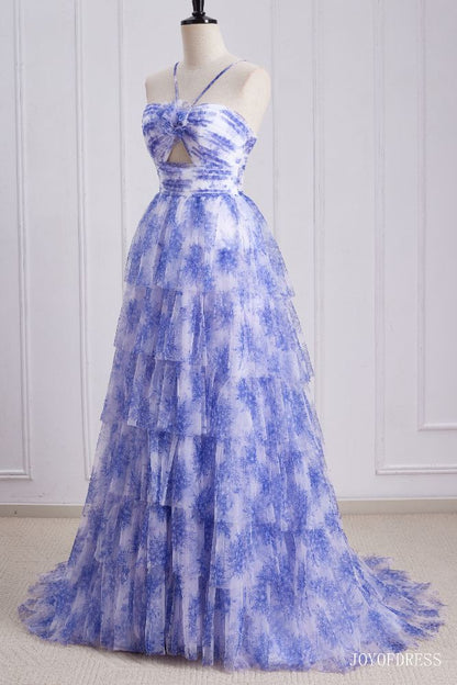 Halter Blue Floral Print Ruffle A-Line Prom Dress