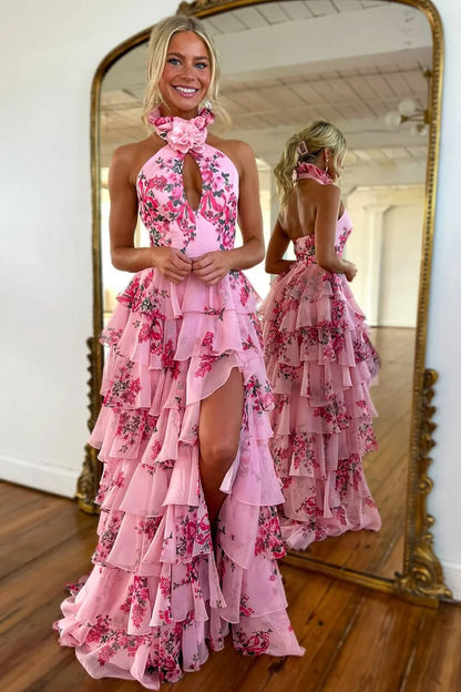 High Neck Backless A-Line Tiered Floral Party Prom Dress