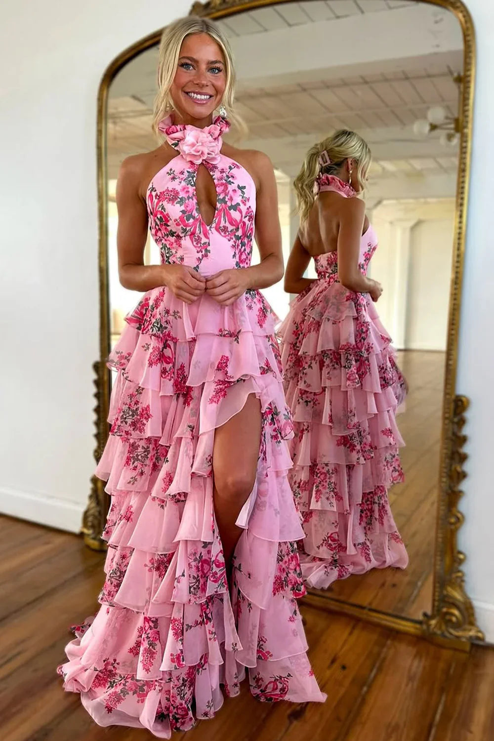 High Neck Backless A-Line Tiered Floral Party Prom Dress