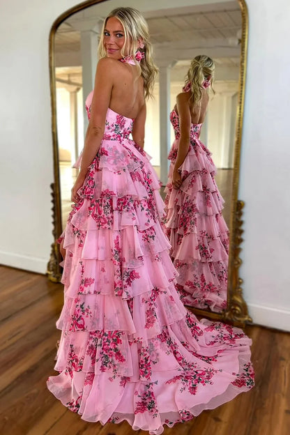 High Neck Backless A-Line Tiered Floral Party Prom Dress