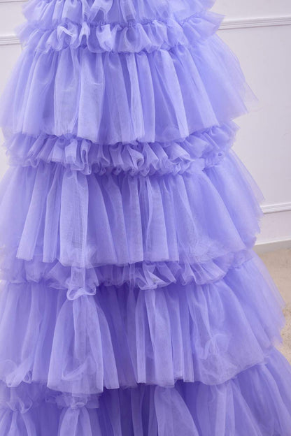 Lavender Lace-Up Appliques A-line Layers Long Prom Dress
