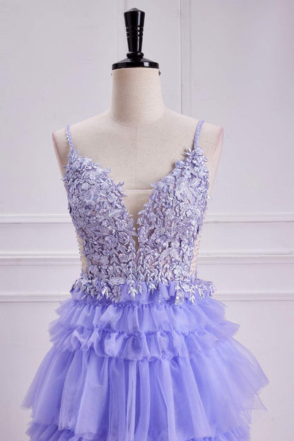 Lavender Lace-Up Appliques A-line Layers Long Prom Dress
