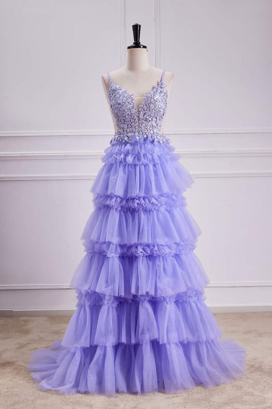 Lavender Lace-Up Appliques A-line Layers Long Prom Dress