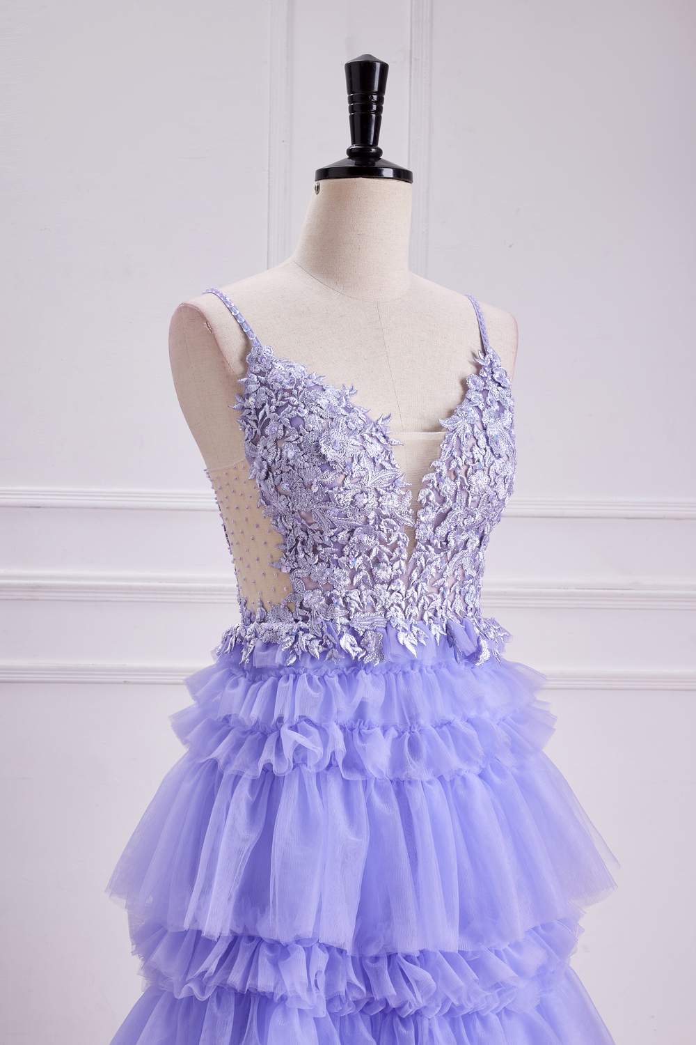 Lavender Lace-Up Appliques A-line Layers Long Prom Dress