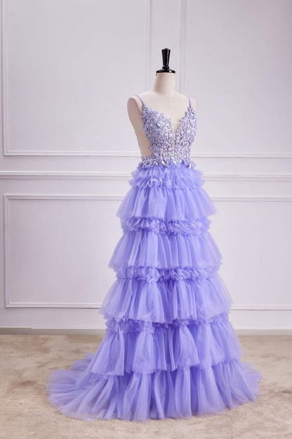 Lavender Lace-Up Appliques A-line Layers Long Prom Dress