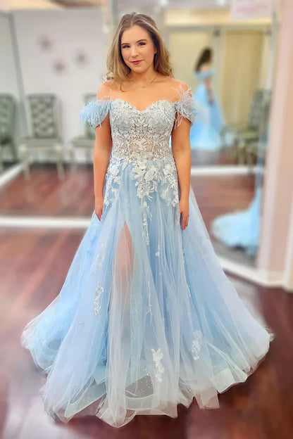 Light Blue Off-Shoulder Lace Appliques Party Prom Dress