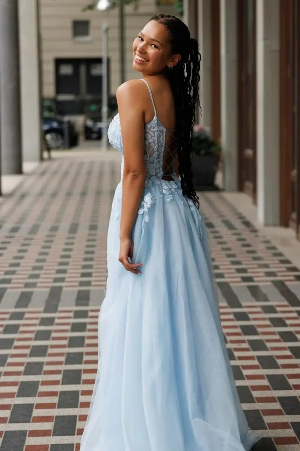 Light Blue Spaghetti Straps Tulle A-Line Appliques Party Prom Dress
