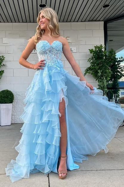 Light Blue Sweetheart Strapless Tulle A-Line Floral Party Prom Dress