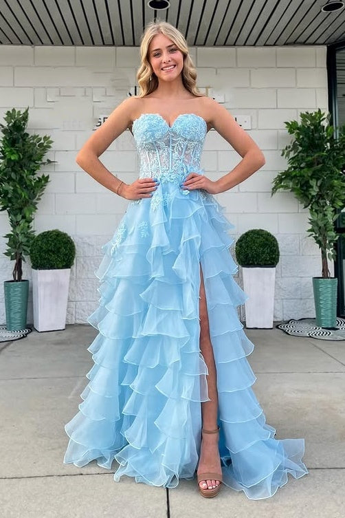 Light Blue Sweetheart Strapless Tulle A-Line Floral Party Prom Dress
