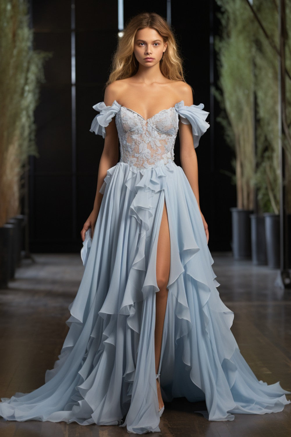 Light Blue Ruffle Prom Dress with Slit