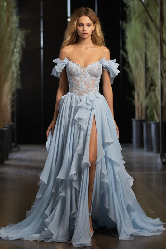 Light Blue Ruffle Prom Dress with Slit