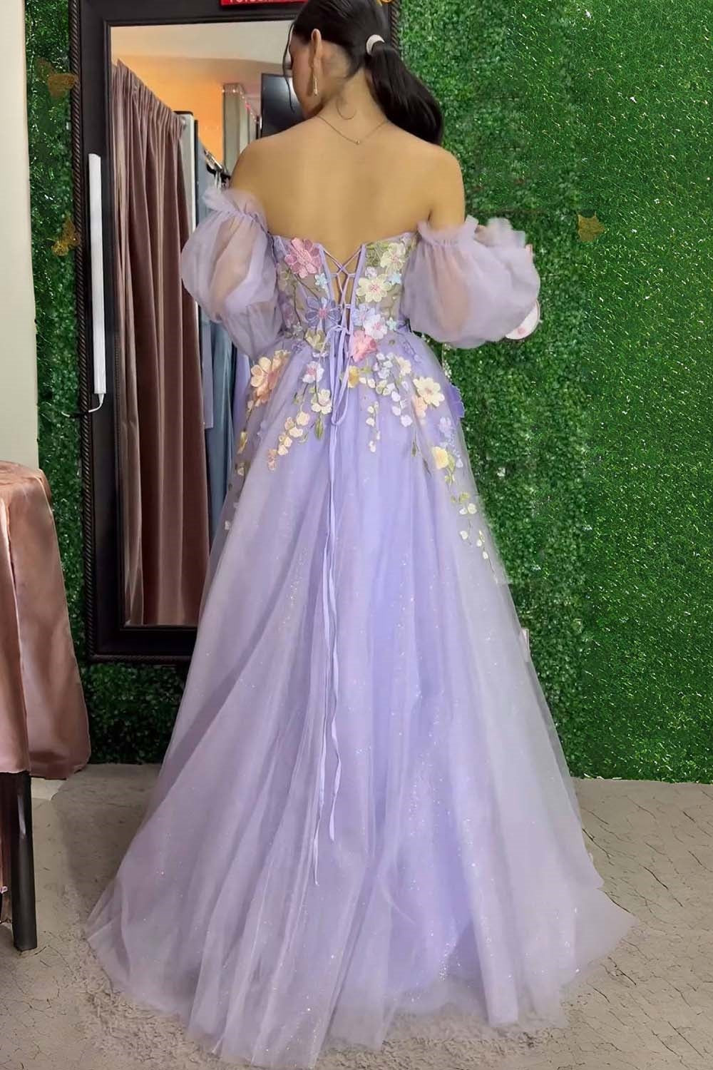 Lilac Sweetheart Tulle A-Line Florals Prom Dress