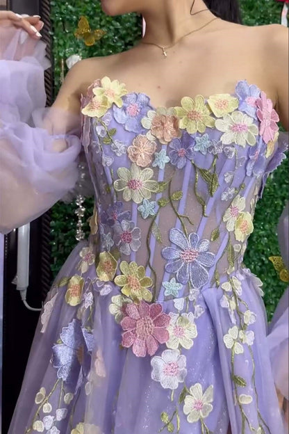 Lilac Sweetheart Tulle A-Line Florals Prom Dress
