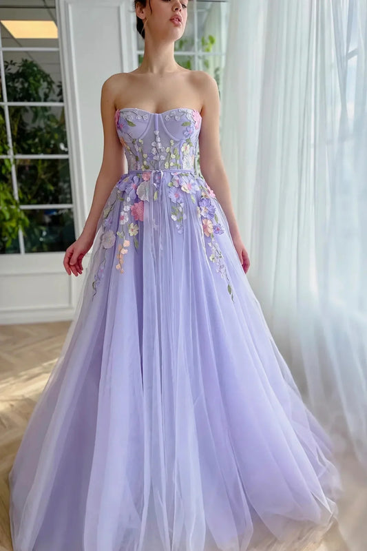 Lilac Tulle A-Line Sweetheart Strapless Florals Party Prom Dress