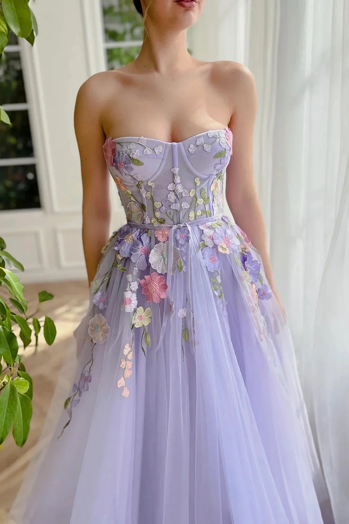 Lilac Tulle A-Line Sweetheart Strapless Florals Party Prom Dress