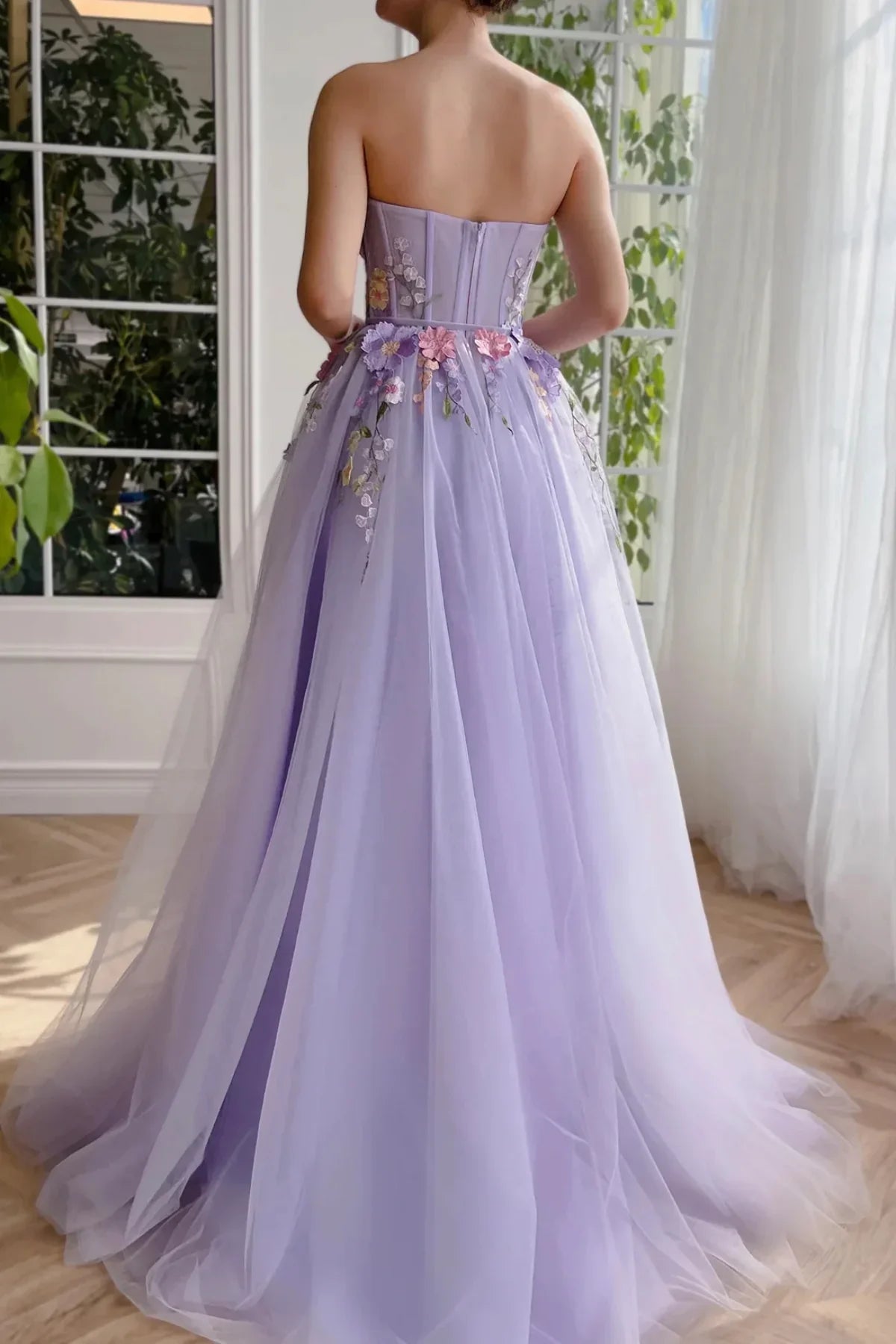Lilac Tulle A-Line Sweetheart Strapless Florals Party Prom Dress