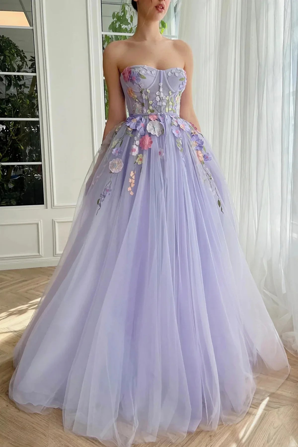Lilac Tulle A-Line Sweetheart Strapless Florals Party Prom Dress