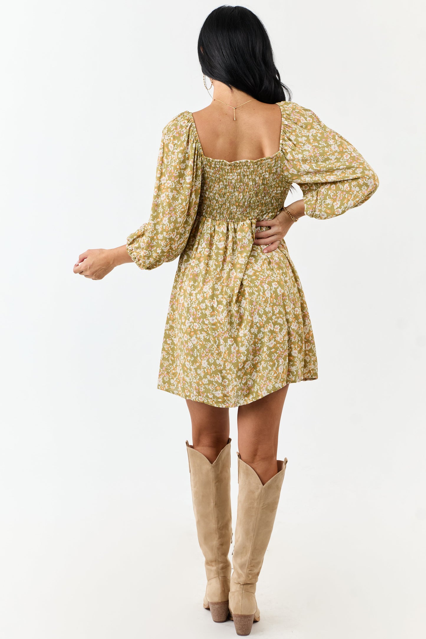 Lovelo Pistachio Floral 3/4 Bubble Sleeve Mini Dress
