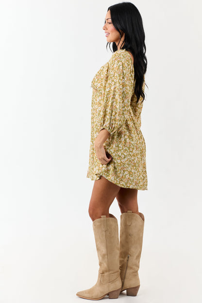 Lovelo Pistachio Floral 3/4 Bubble Sleeve Mini Dress