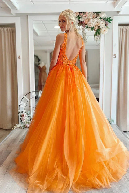 Low V-Neck Open Back Tulle A-Line Appliques Party Prom Dress
