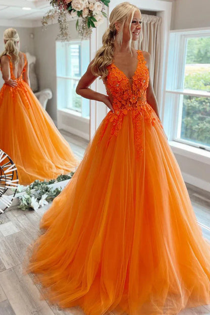 Low V-Neck Open Back Tulle A-Line Appliques Party Prom Dress