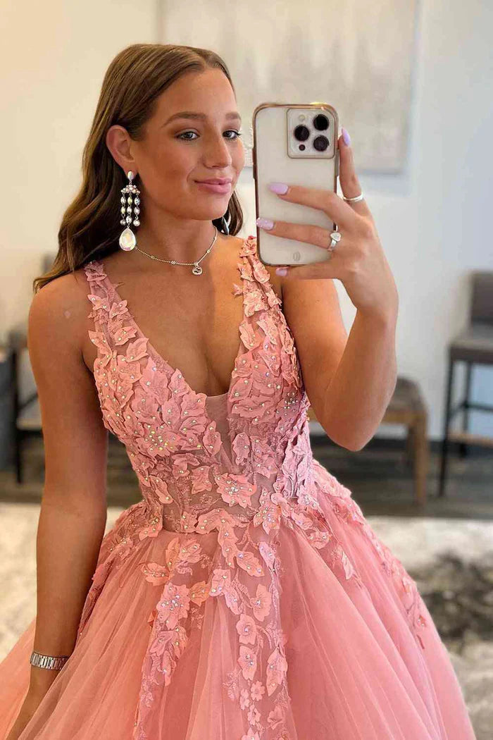 Low V-Neck Open Back Tulle A-Line Appliques Party Prom Dress
