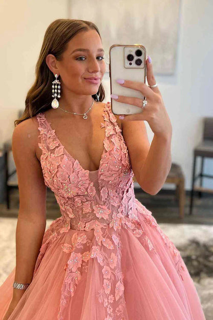 Low V-Neck Open Back Tulle A-Line Appliques Party Prom Dress