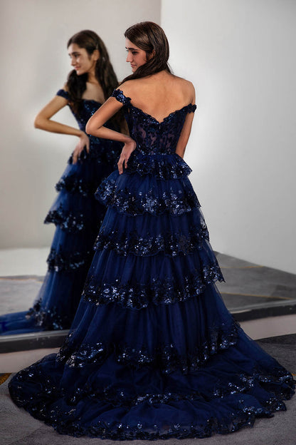 Ruffle Tiered Prom Dress with Sequin