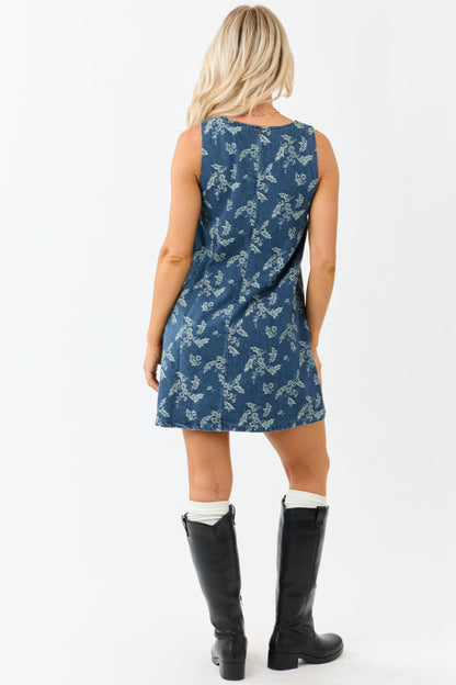 Medium Antique Wash Denim Floral Jacquard Mini Dress