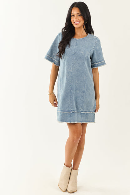 Medium Vintage Wash Denim Frayed Trim Mini Shift Dress