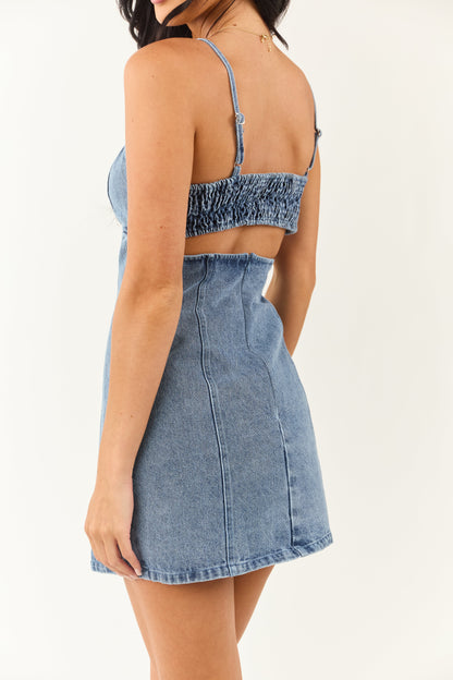 Medium Wash Back Cutout Sleeveless Denim Mini Dress